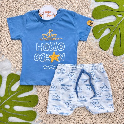 Conj. Camiseta Hello Ocean e Bermuda Barquinhos de Papel - Azul Jeans e Laranja